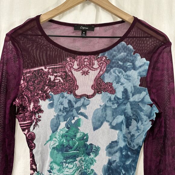 Express Vintage Y2K Purple Pink Floral Mesh Long Sleeve Top Womens Size M Art - Picture 4 of 10